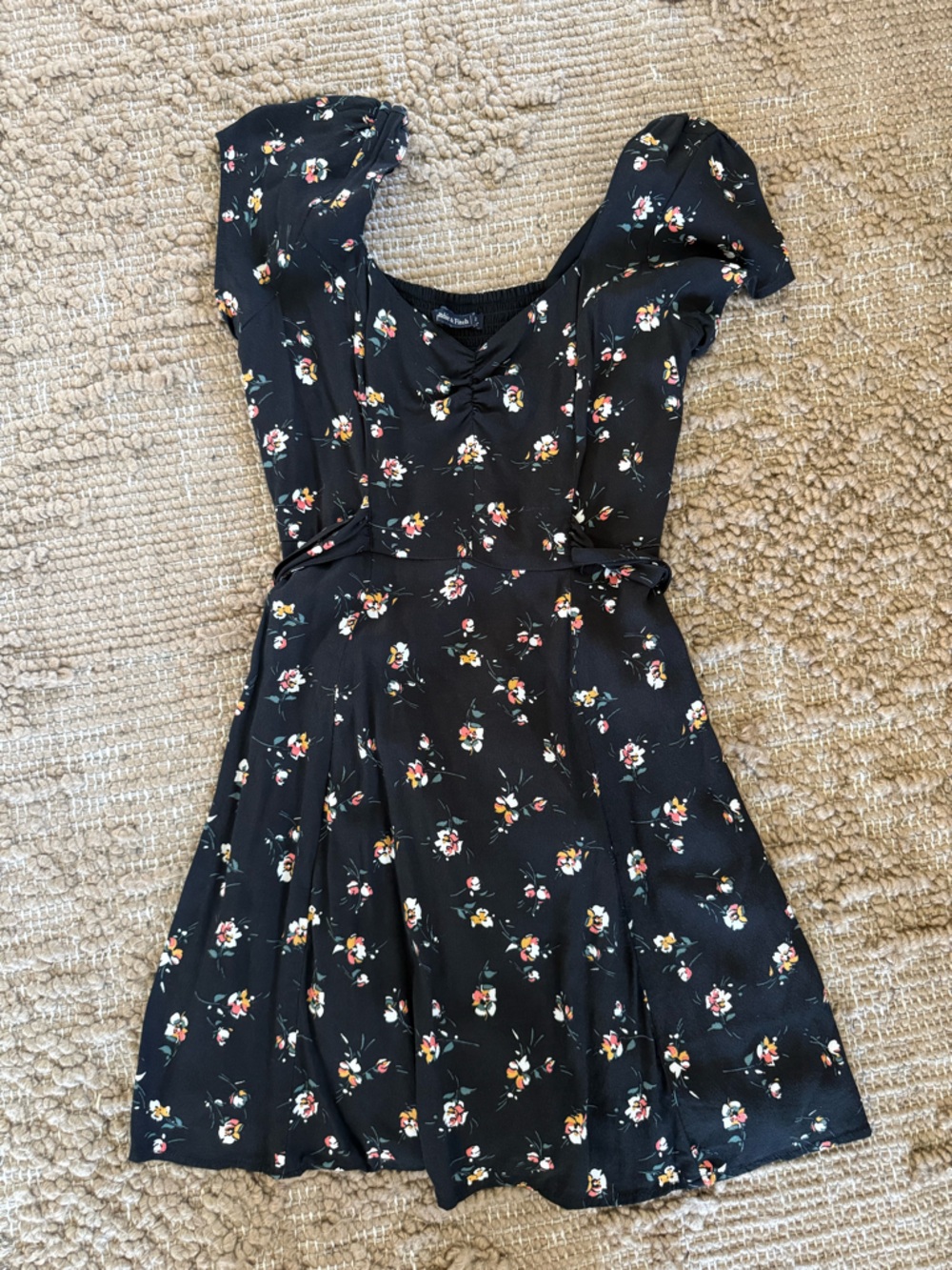 Abercrombie & Fitch Black Floral Dress with Flower Print & Back Bow Tie